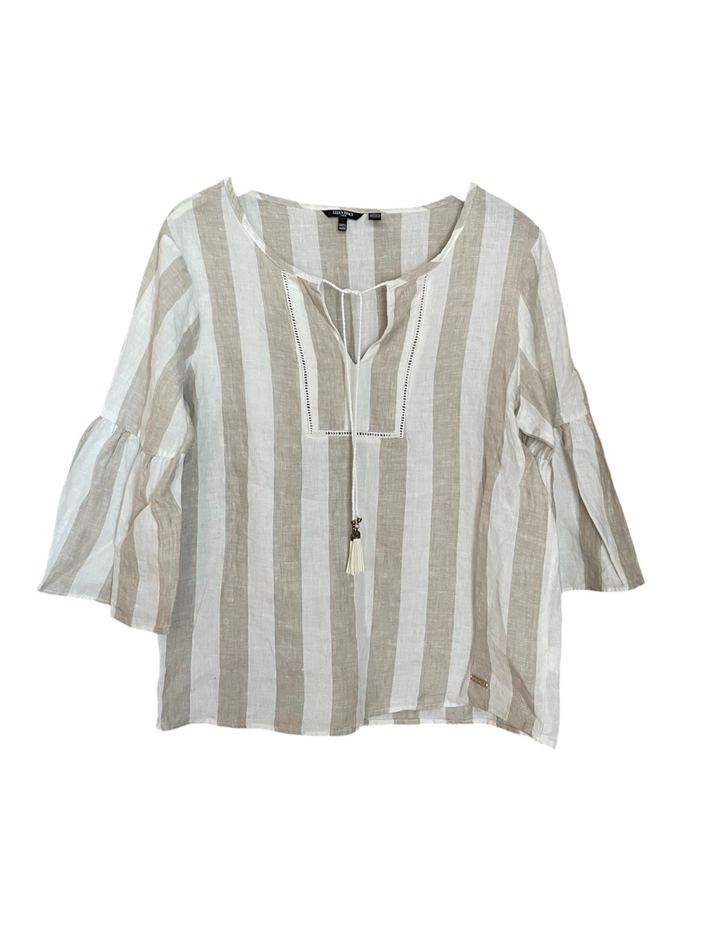 Ellen Tracy Linen Boho Top Medium Taupe Stripe Tassel V Neck Flutter Sleeve